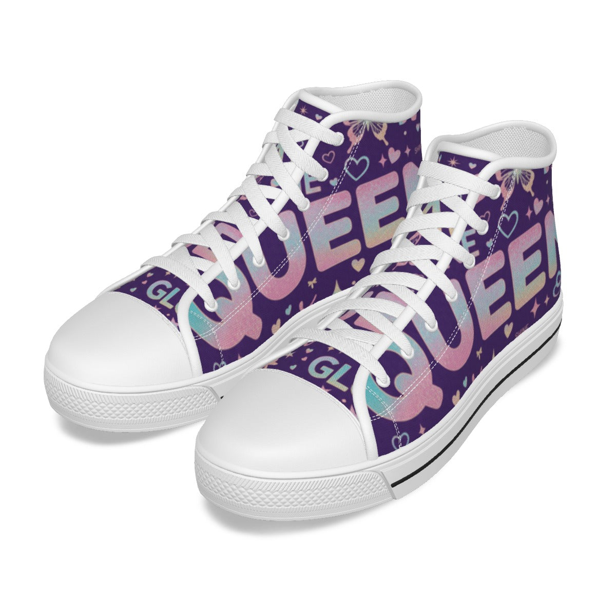 Scarpe canvas bambina alte viola con fantasia cuori e stelle, lacci bianchi.