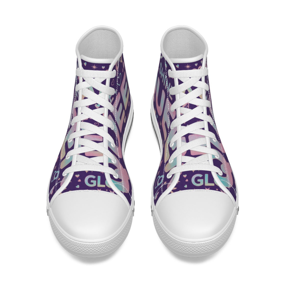 Scarpe canvas bambina alte viola con lacci bianchi e suola bianca, fantasia glitter.