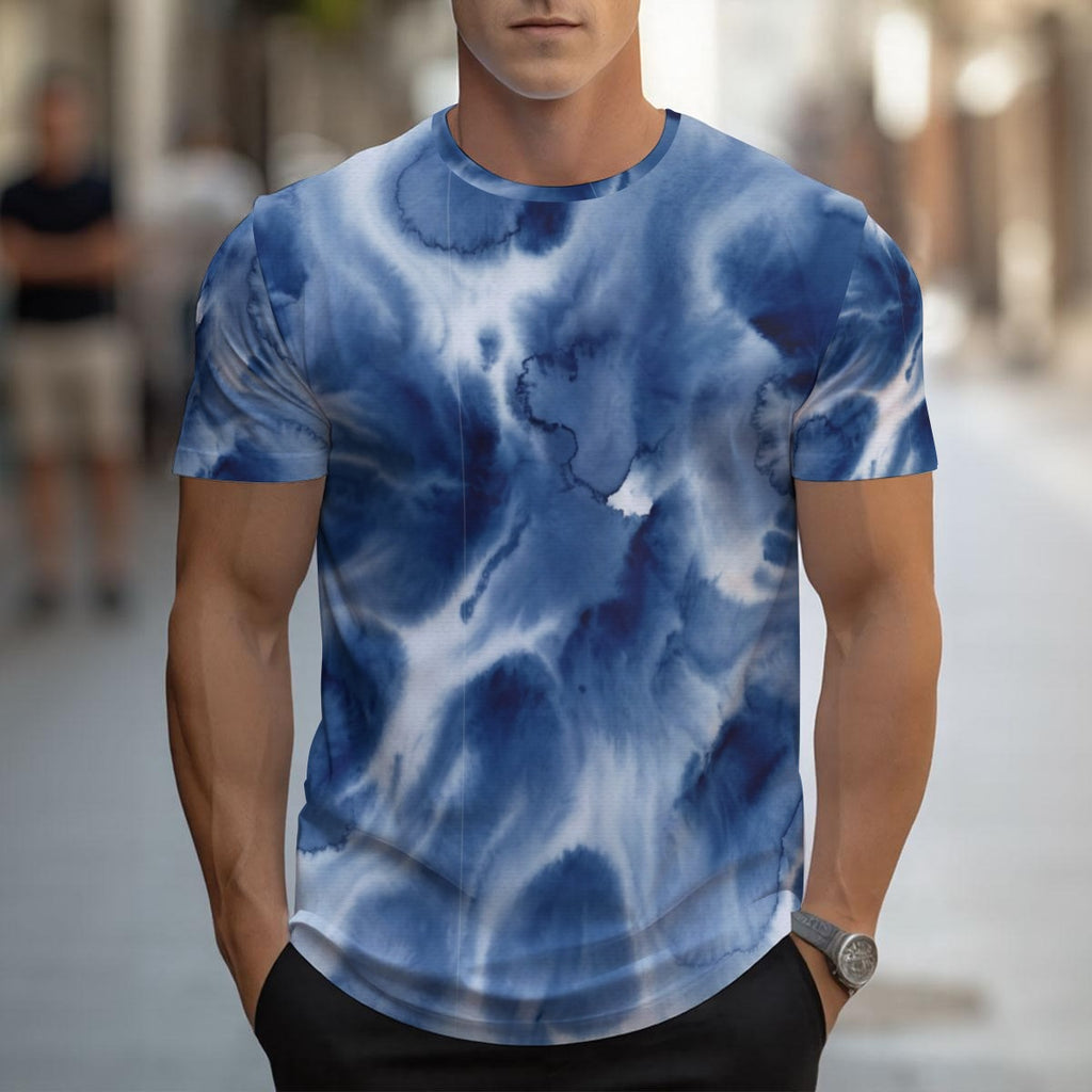 T-shirt da uomo blu tie-dye con stampa frontale, maniche corte e girocollo