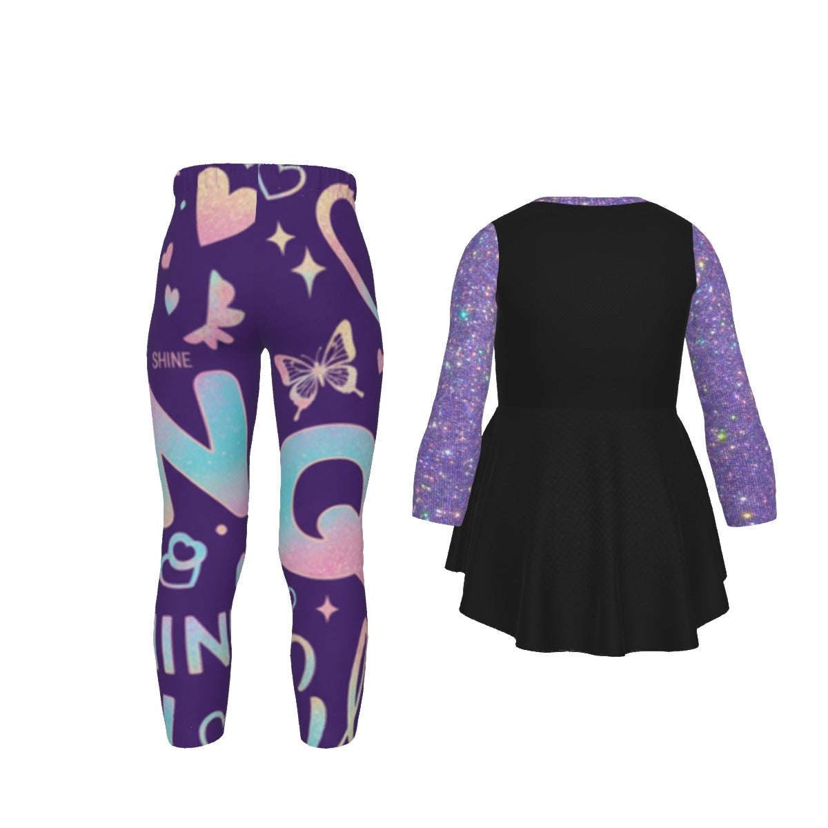 Tuta bambina: vestitino nero dietro e maniche viola glitter, leggings fantasia