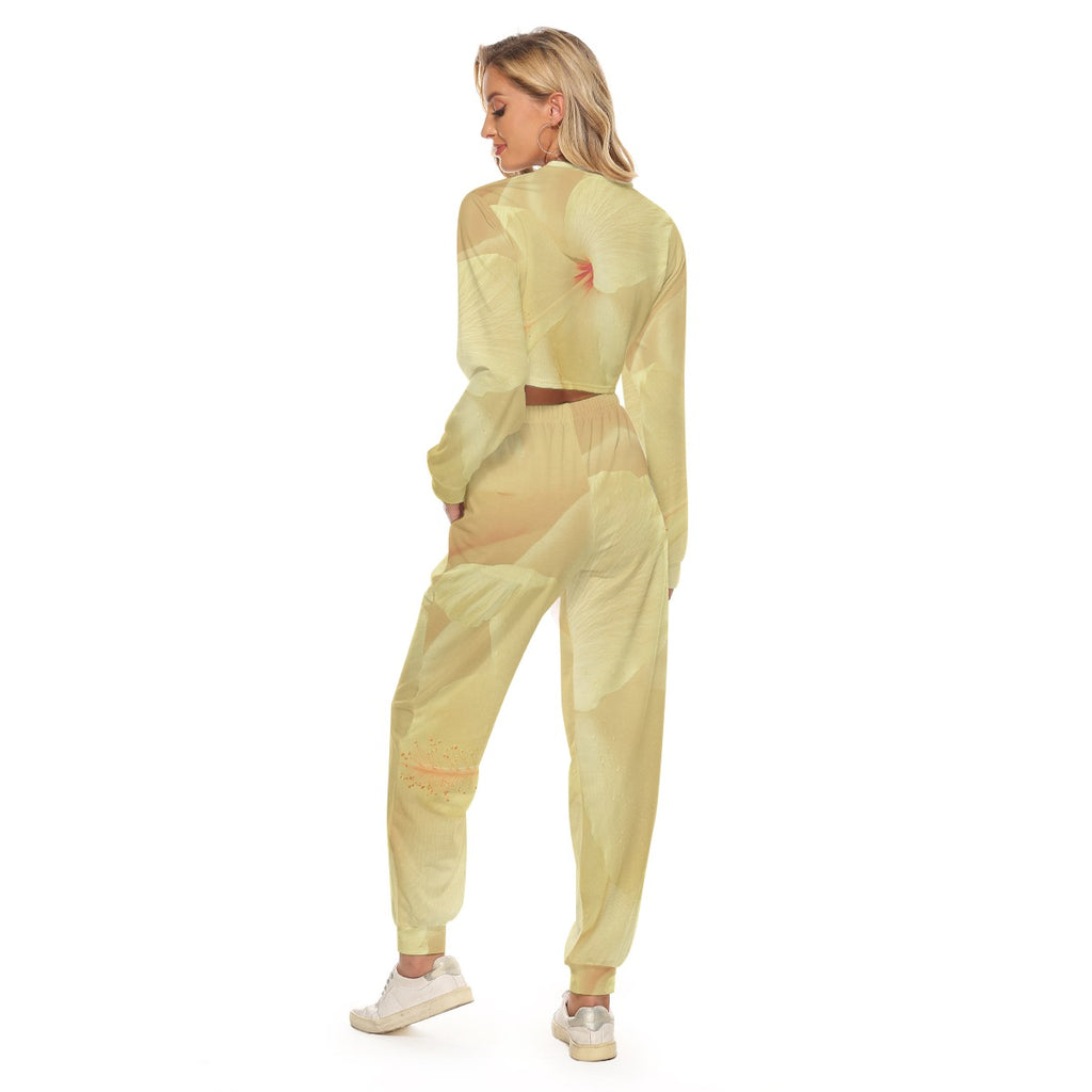 Tuta donna gialla chiara con felpa cropped scollo rotondo e pantaloni jogger