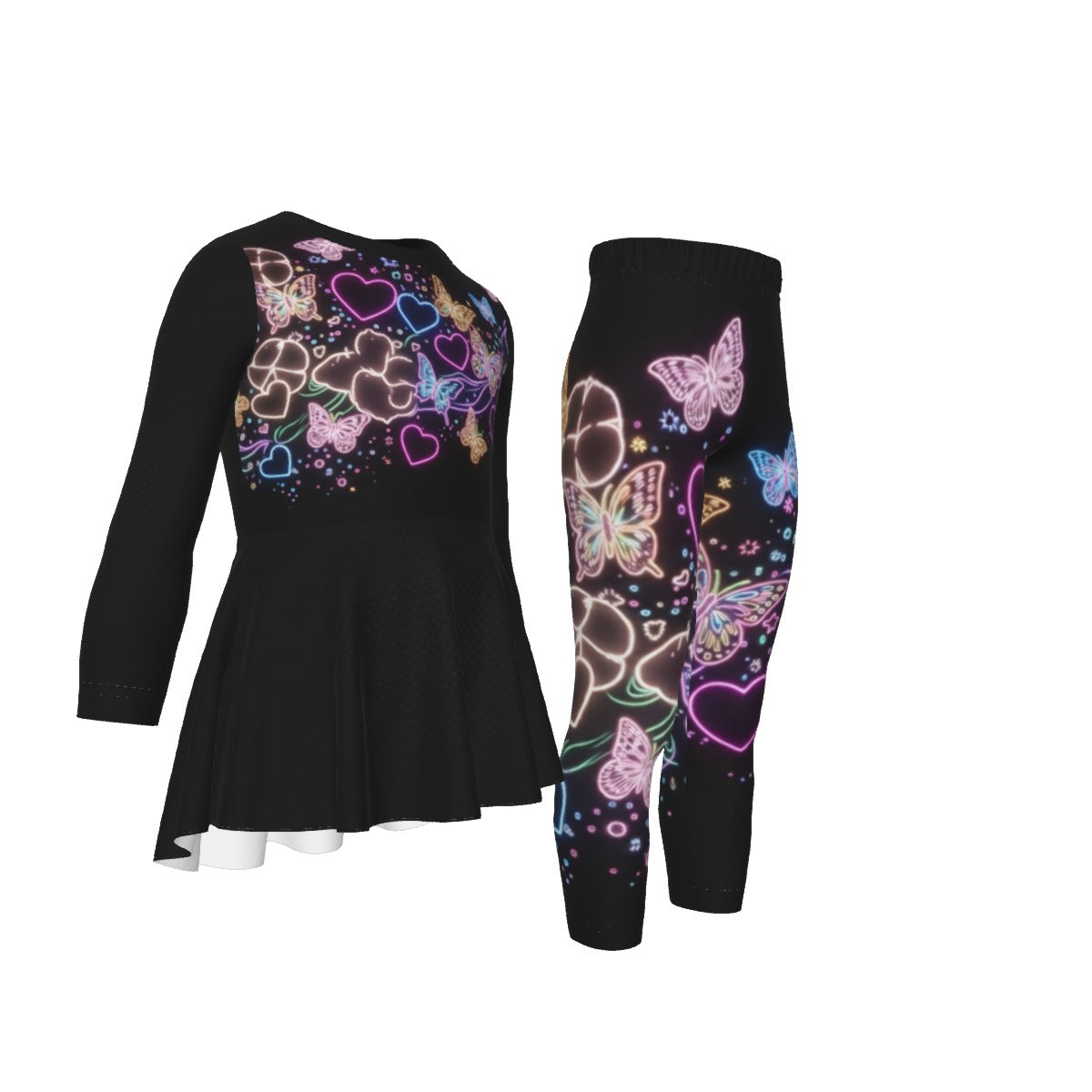 Tuta bimba nera con tunica svasata e leggings aderenti, fantasia neon cuori e farfalle colorate
