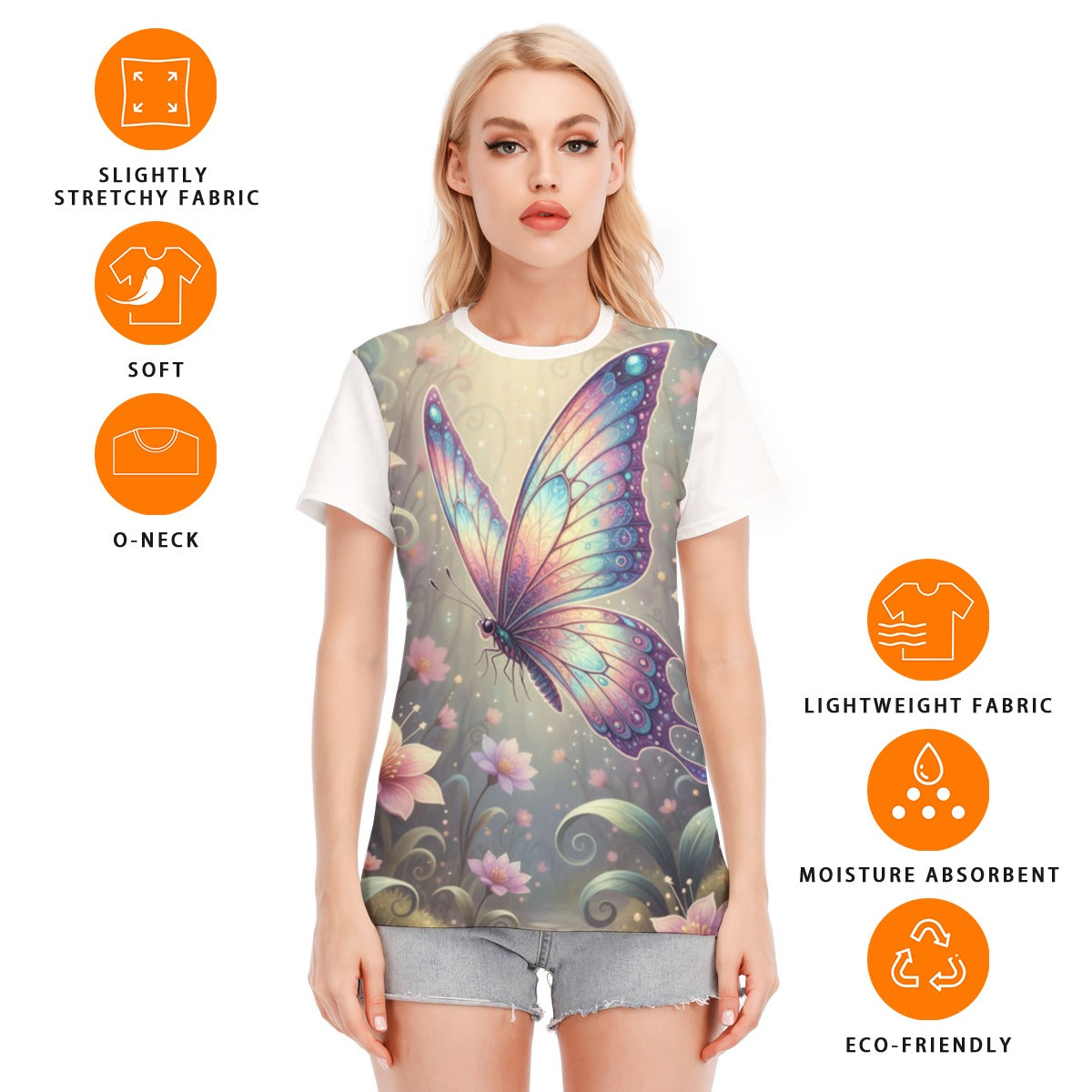 Maglietta da donna con scollo rotondo e stampa farfalla multicolore su fondo verde-grigio.