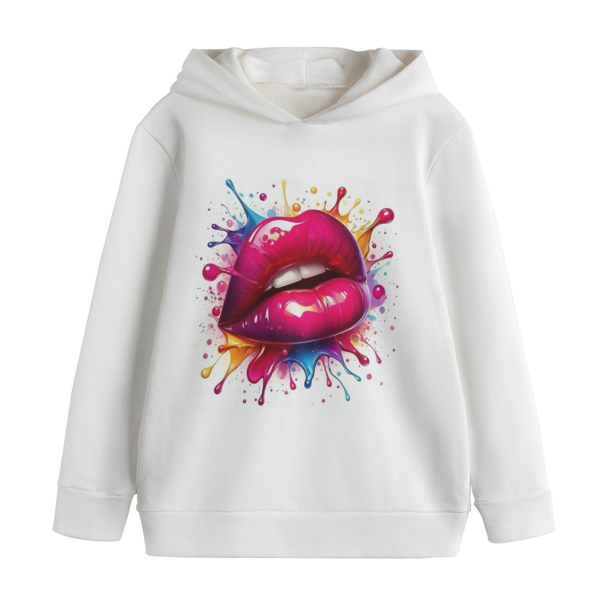 Felpa per bambina bianca con cappuccio e stampa labbra colorate