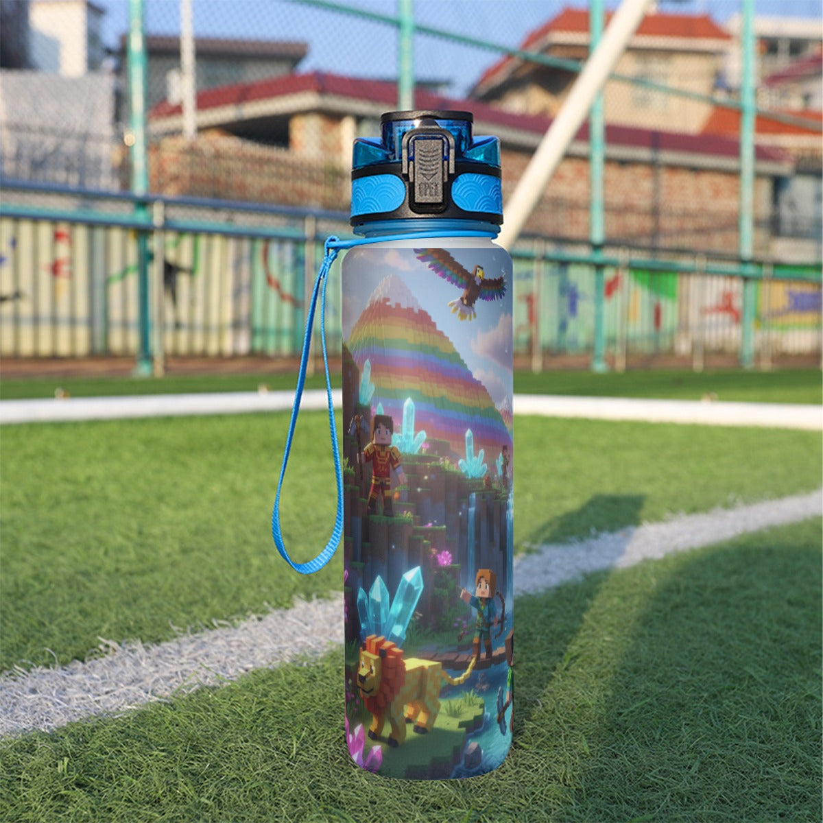 Borraccia sportiva da 32 oz con stampa cartoon e tappo blu, laccetto in corda.