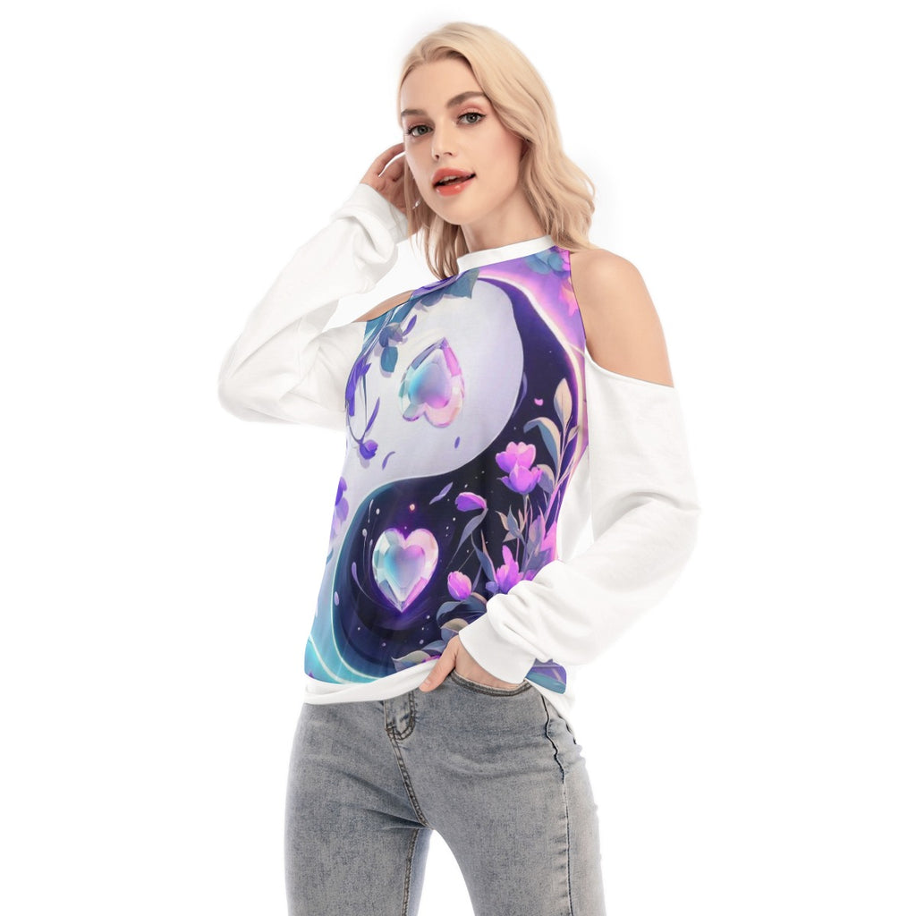 Felpa donna bianca con maniche lunghe, stampa cuori e fiori, scollo alto