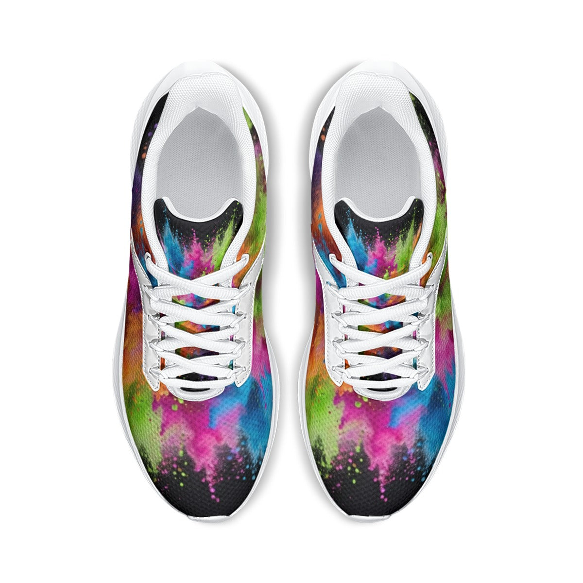 Scarpe da running uomo viste dall’alto con lacci bianchi e stampa multicolore