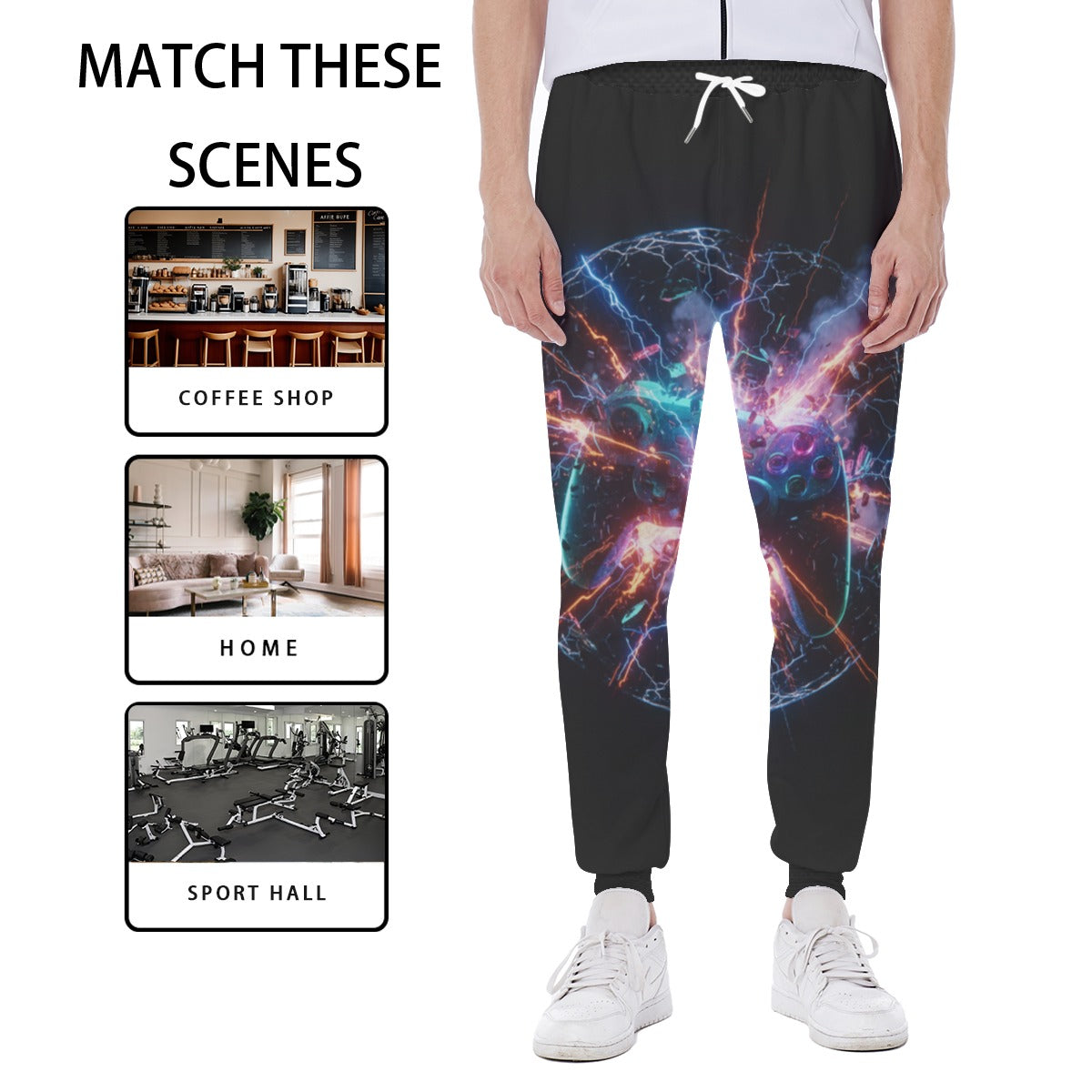 Pantaloni jogger neri con stampa grafica multicolore su entrambe le gambe