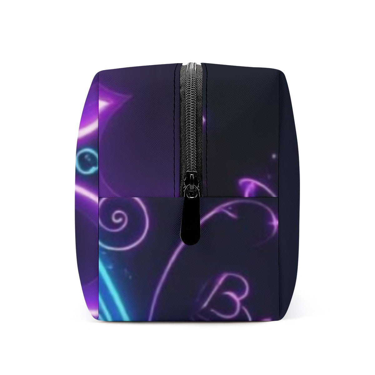 Borsa cosmetici in PU viola/blu con zip centrale, fantasia cuori e scie neon.