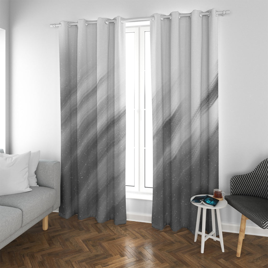 Tenda oscurante bianca con occhielli, tessuto scuro a righe diagonali
