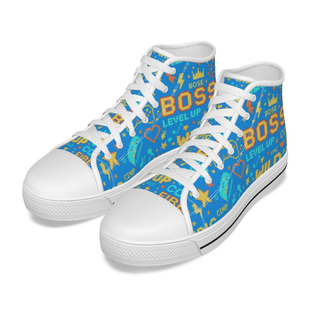 Scarpe canvas alte bambino blu con stampa, lacci bianchi, suola bicolore bianca/nera