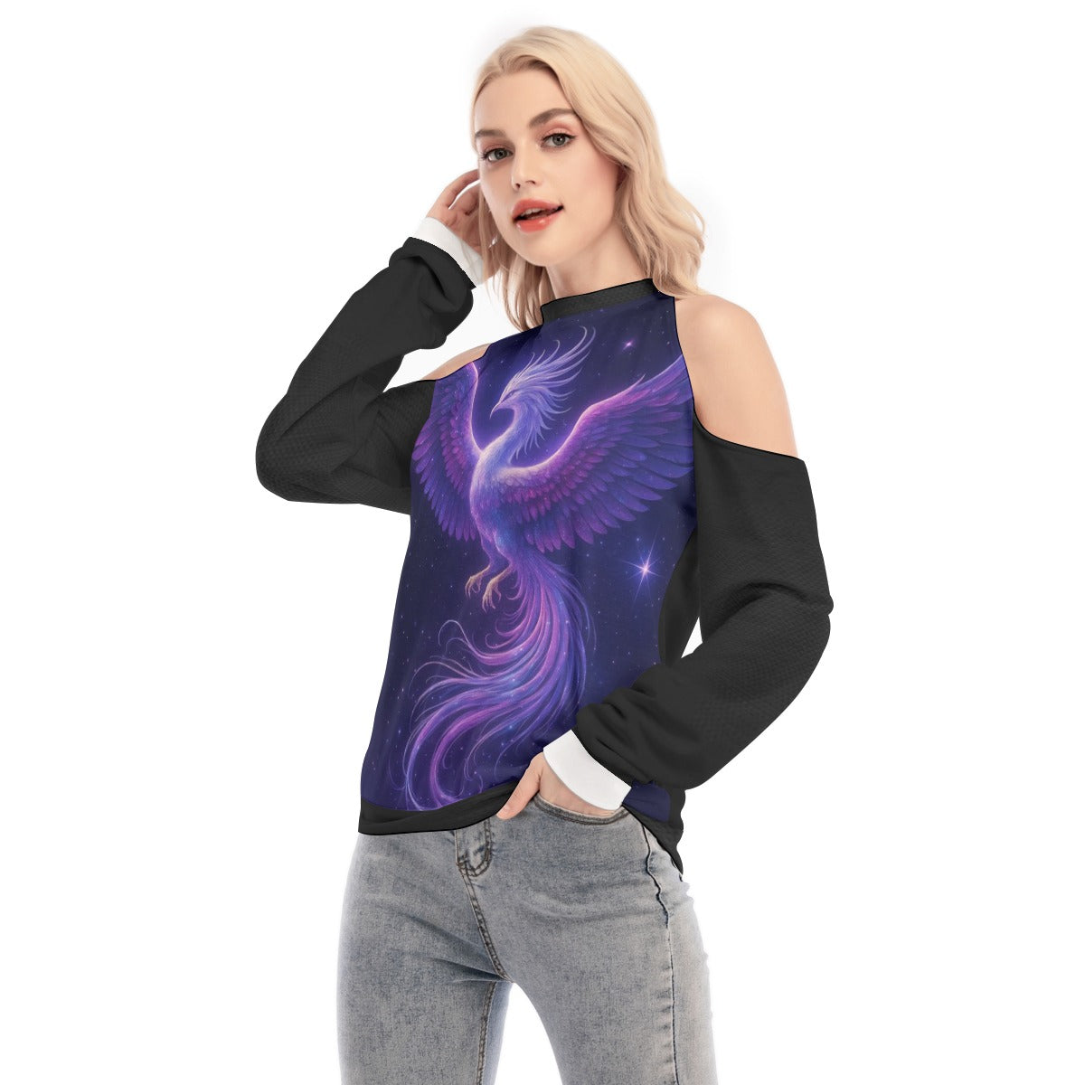 Felpa da donna senza spalline, stampa fenice viola, maniche nere, scollo aperto sulle spalle