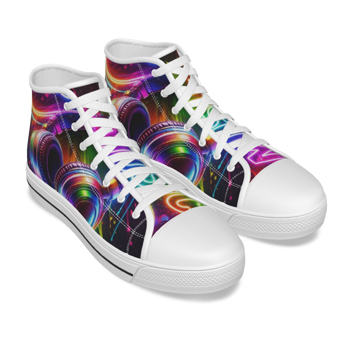 Scarpe canvas bambino bianche e scure con lacci bianchi, stampa multicolore frontale.