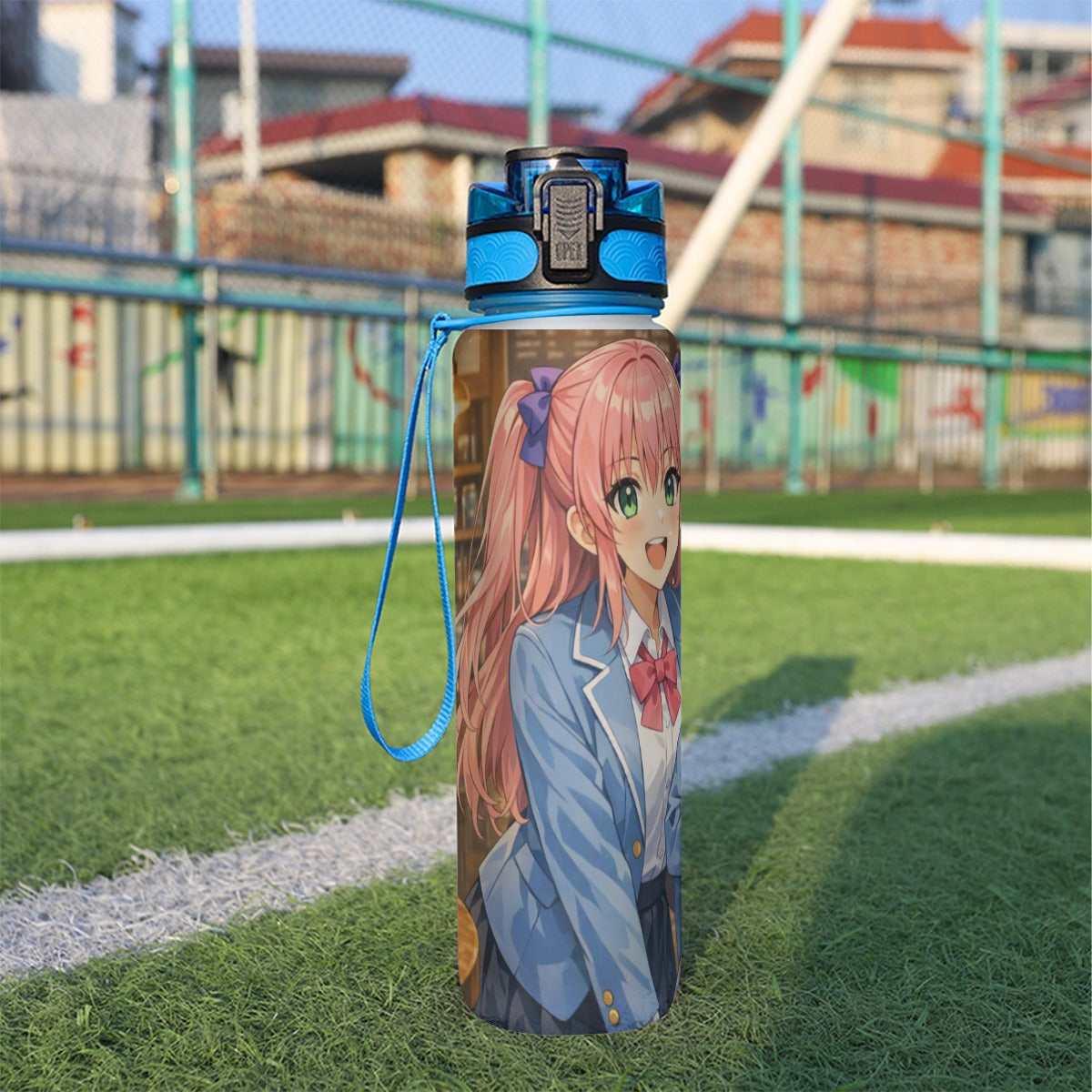 32 oz spor su şişesi, mavi kapaklı ve askılı, pembe saçlı karakter deseni