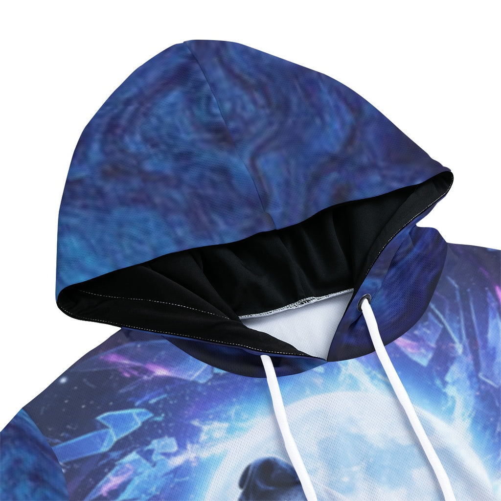 Felpa con cappuccio e cordini, interno nero, stampa blu e viola