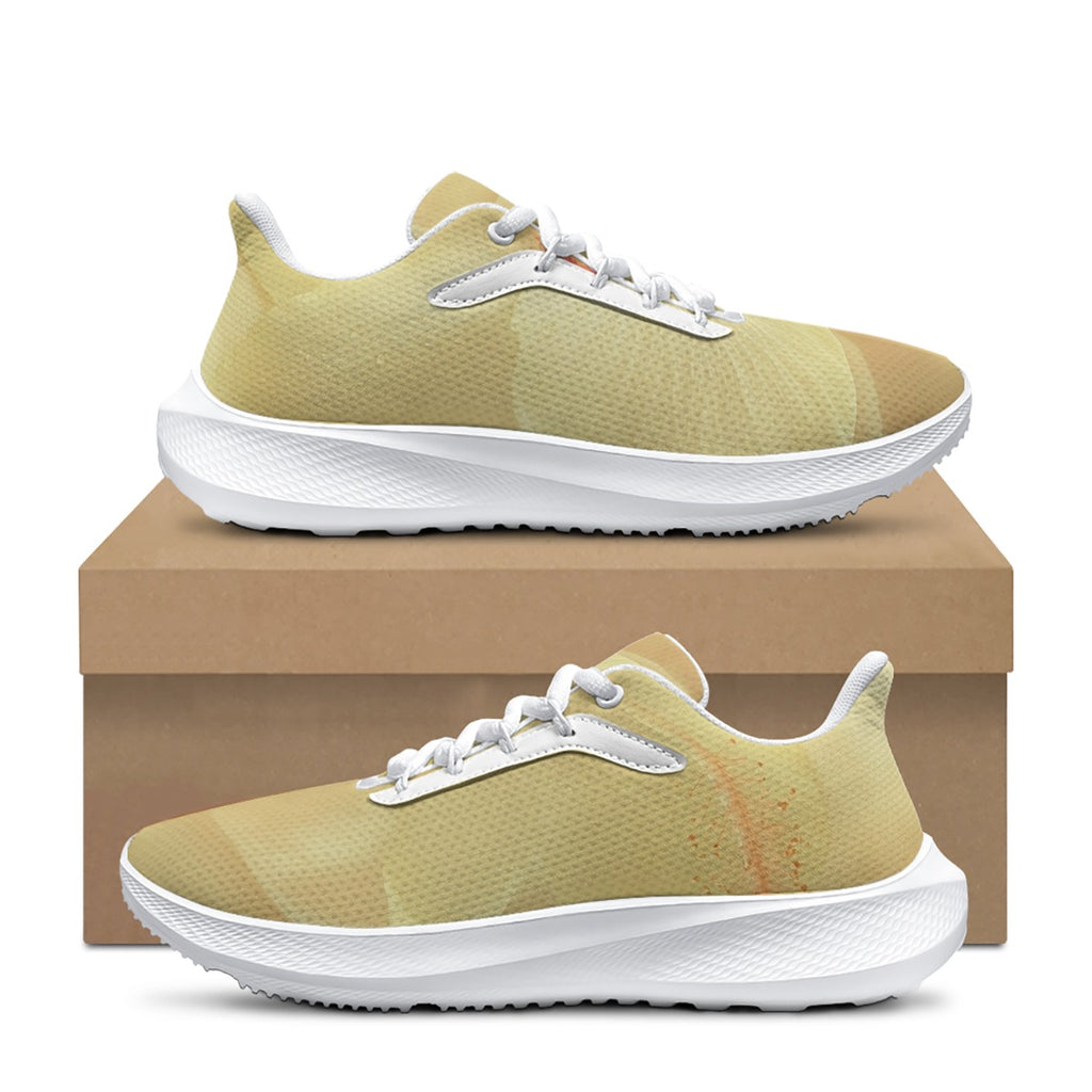 Scarpe running donna Mod. 4 vista laterale: tomaia giallo oliva e suola bianca