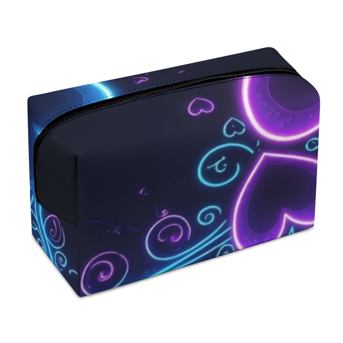Borsa cosmetici in PU con zip superiore, fantasia cuori e luna in toni neon.