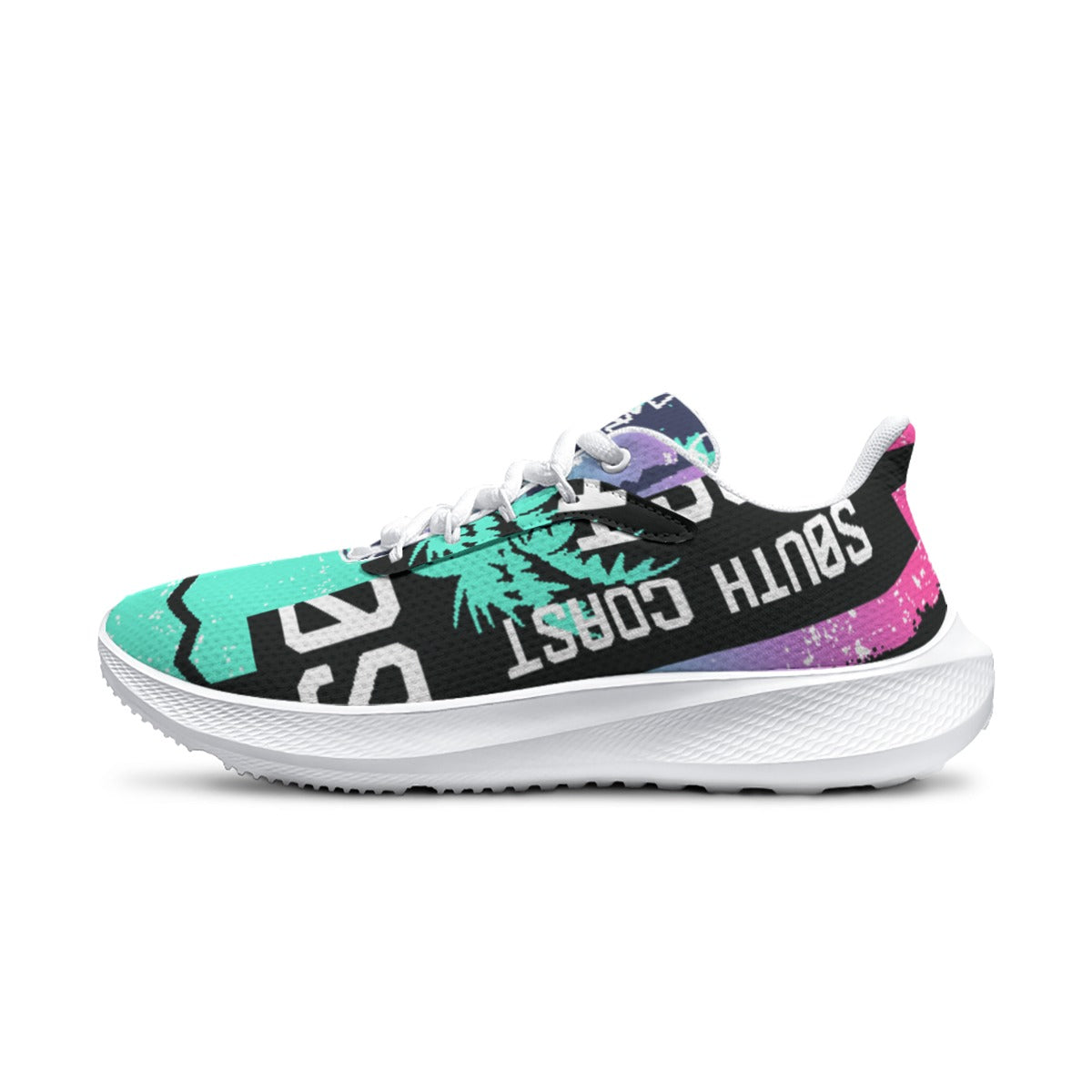 Scarpa da running nera con grafica verde acqua/viola, lacci e suola bianca