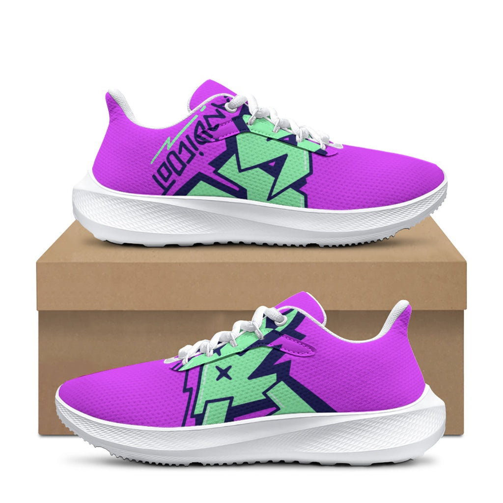 Scarpa da corsa da donna viola con lacci bianchi, suola bianca e grafica verde