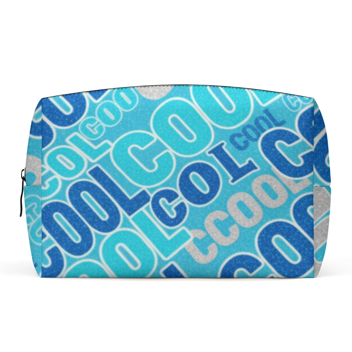 Borsa cosmetici in PU blu con zip nera e stampa lettering, vista posteriore