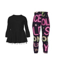 Tuta bimba con maglia nera svasata e leggings fantasia con scritte e stelle neon