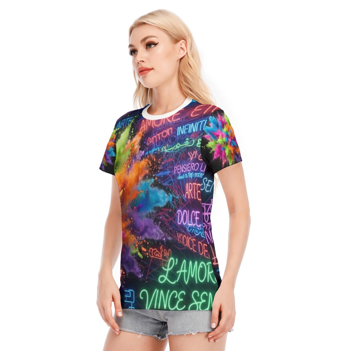 T-shirt donna girocollo a maniche corte con stampa multicolore su fondo scuro