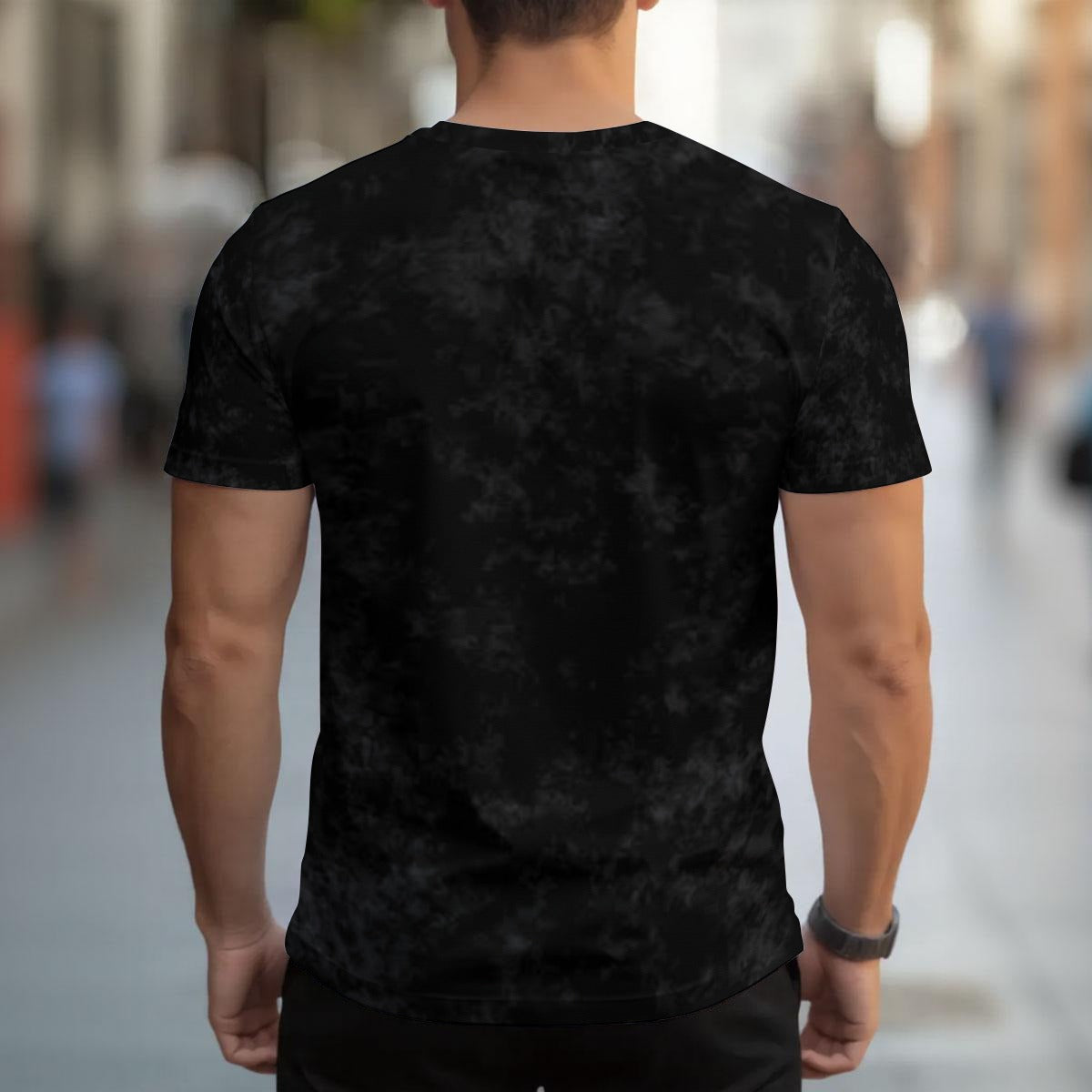 T-shirt uomo nera a girocollo, vista posteriore, maniche corte