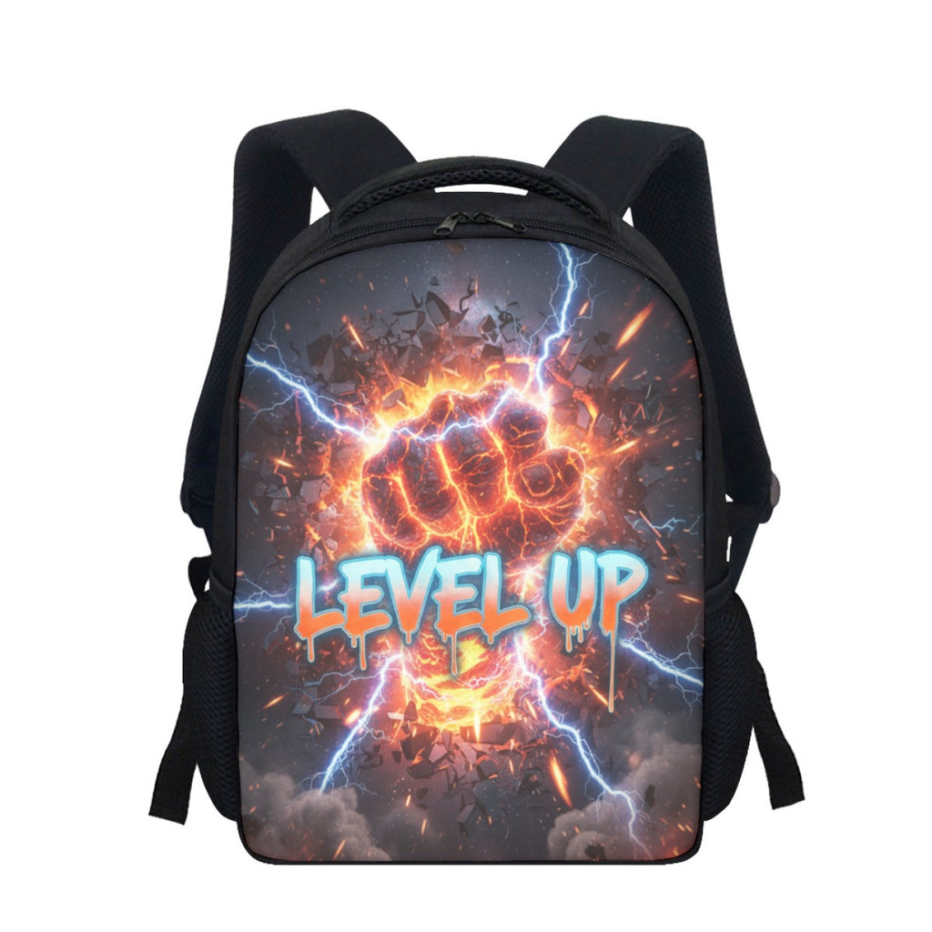 Zaino scolastico nero con stampa “LEVEL UP” frontale e spallacci regolabili