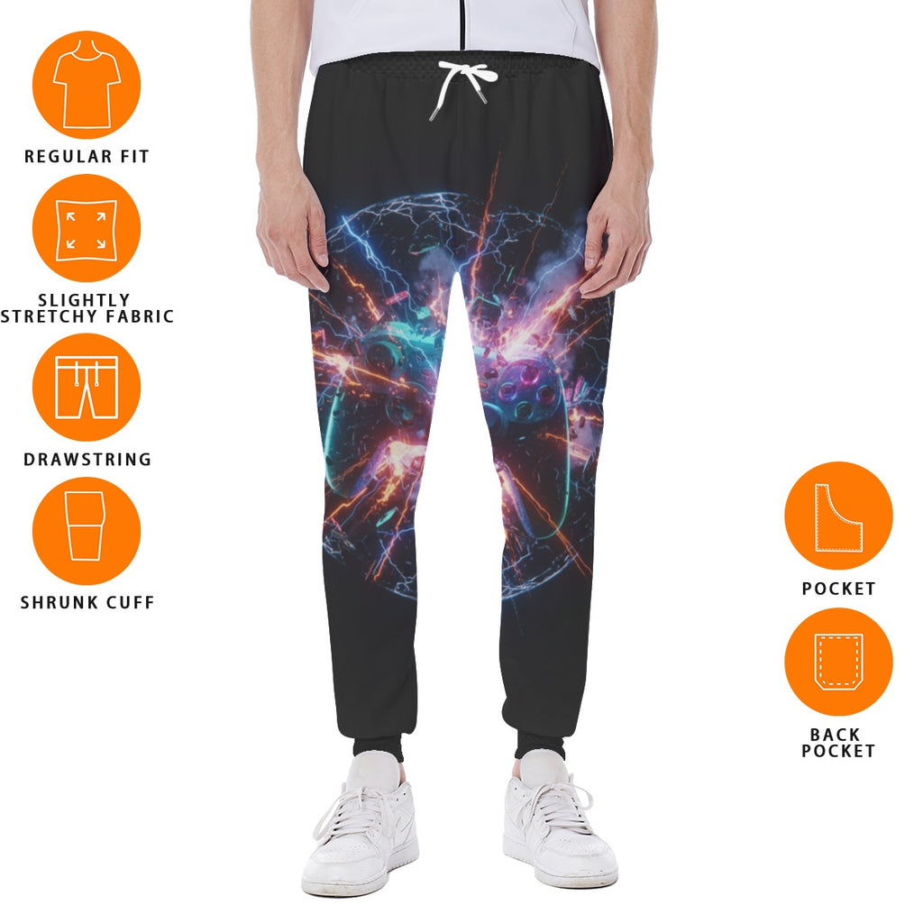 Pantaloni jogger neri con stampa grafica multicolore, orlo elasticizzato alle caviglie