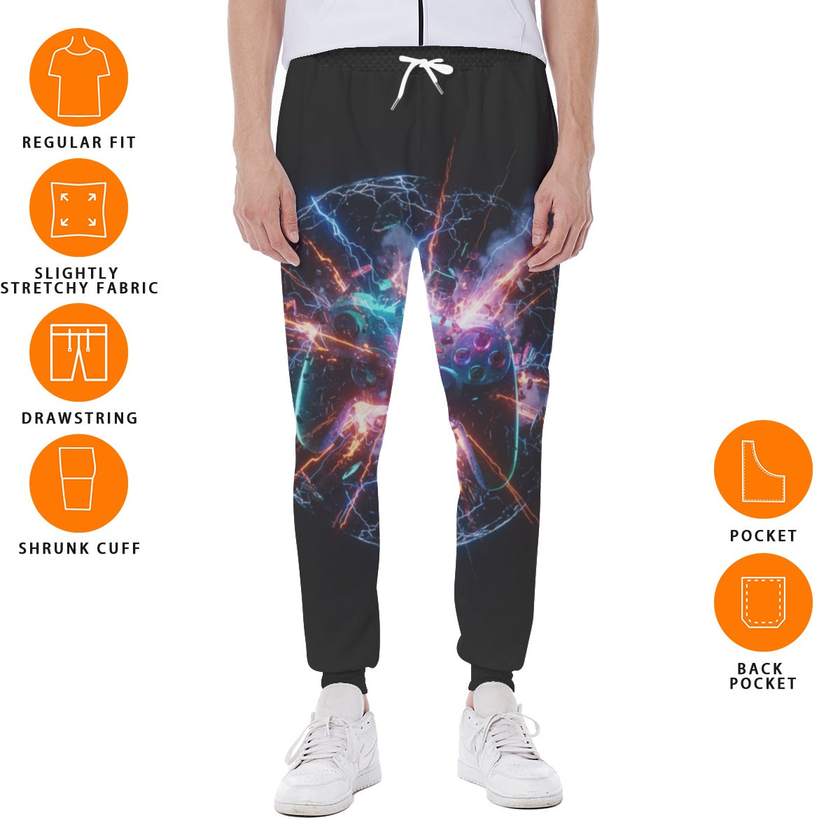 Pantaloni jogger neri con stampa grafica multicolore, orlo elasticizzato alle caviglie