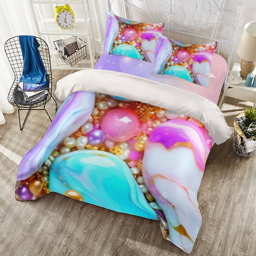 Copripiumino Perla con federa e stampa 3D viola, blu e rosa