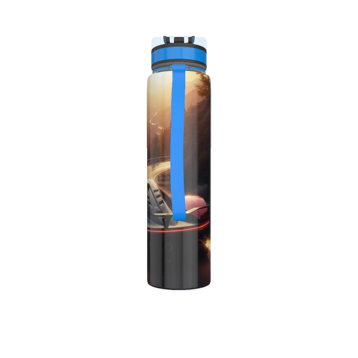 Borraccia sportiva 32 oz nera con tappo blu e parte superiore trasparente