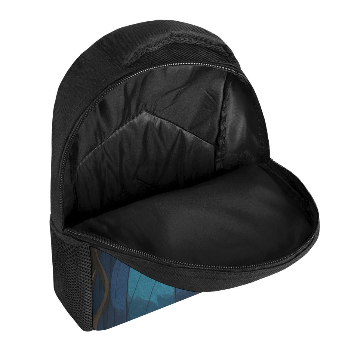 Zaino scolastico nero con tasca superiore imbottita e zip, interno visibile