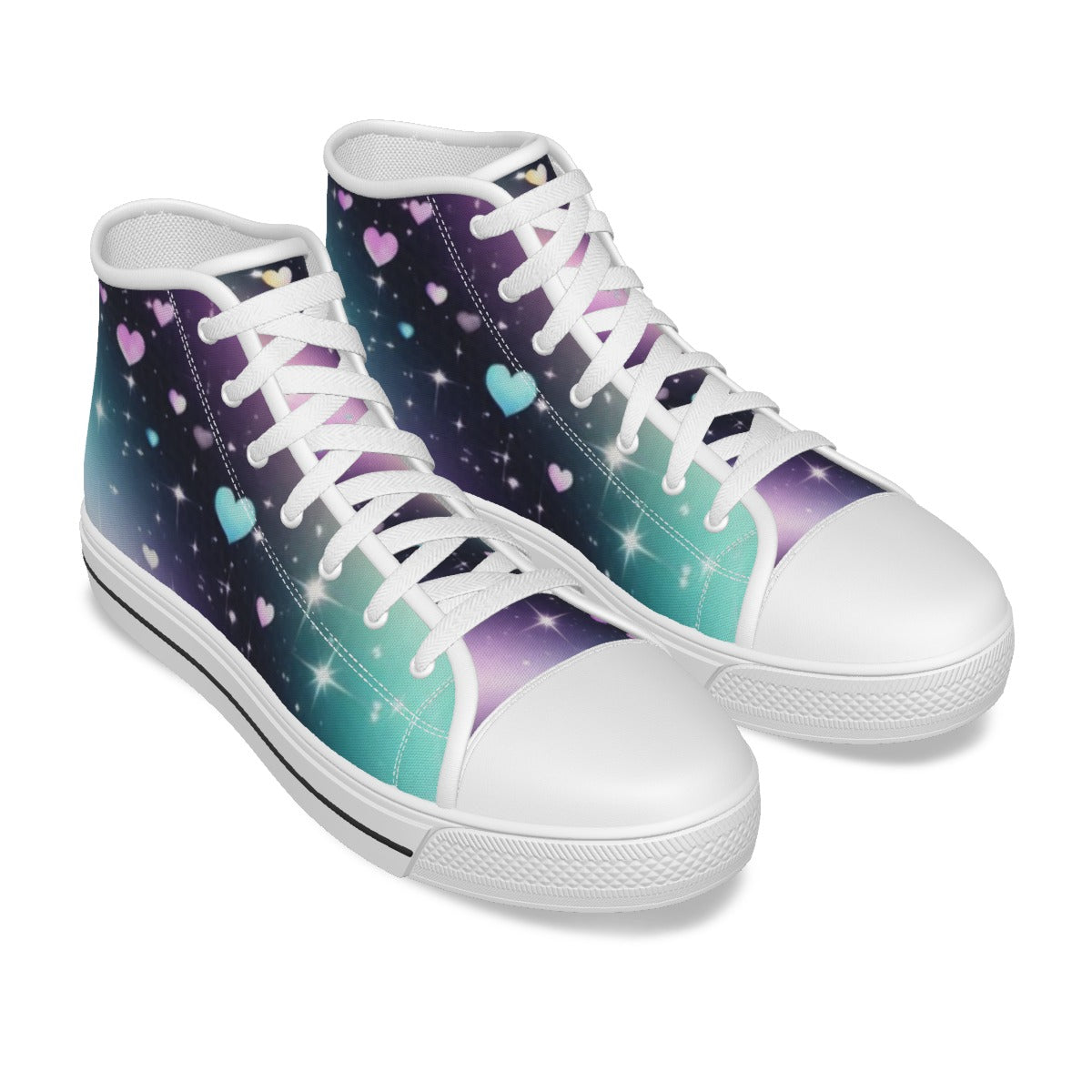 Scarpe alte in canvas bambina viste laterali, lacci bianchi, stampa spazio con cuori