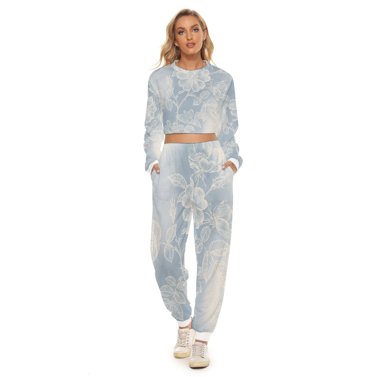 Tuta donna azzurro chiaro a fiori: felpa maniche lunghe e pantaloni jogger