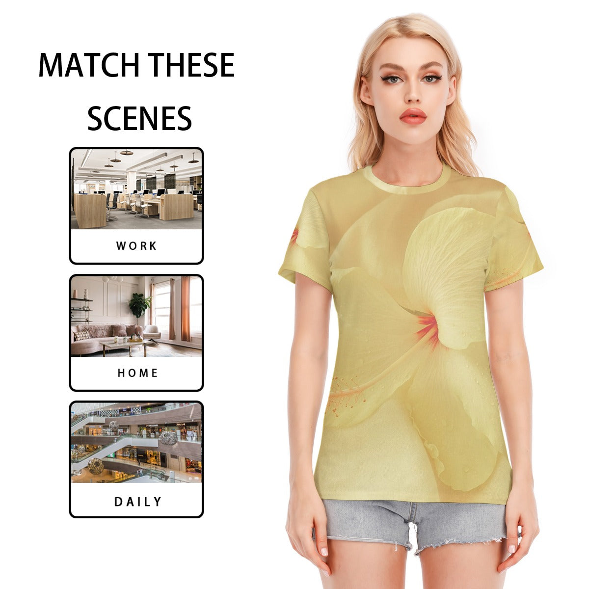 Maglietta donna giallo chiaro con stampa floreale e scollo rotondo, maniche corte