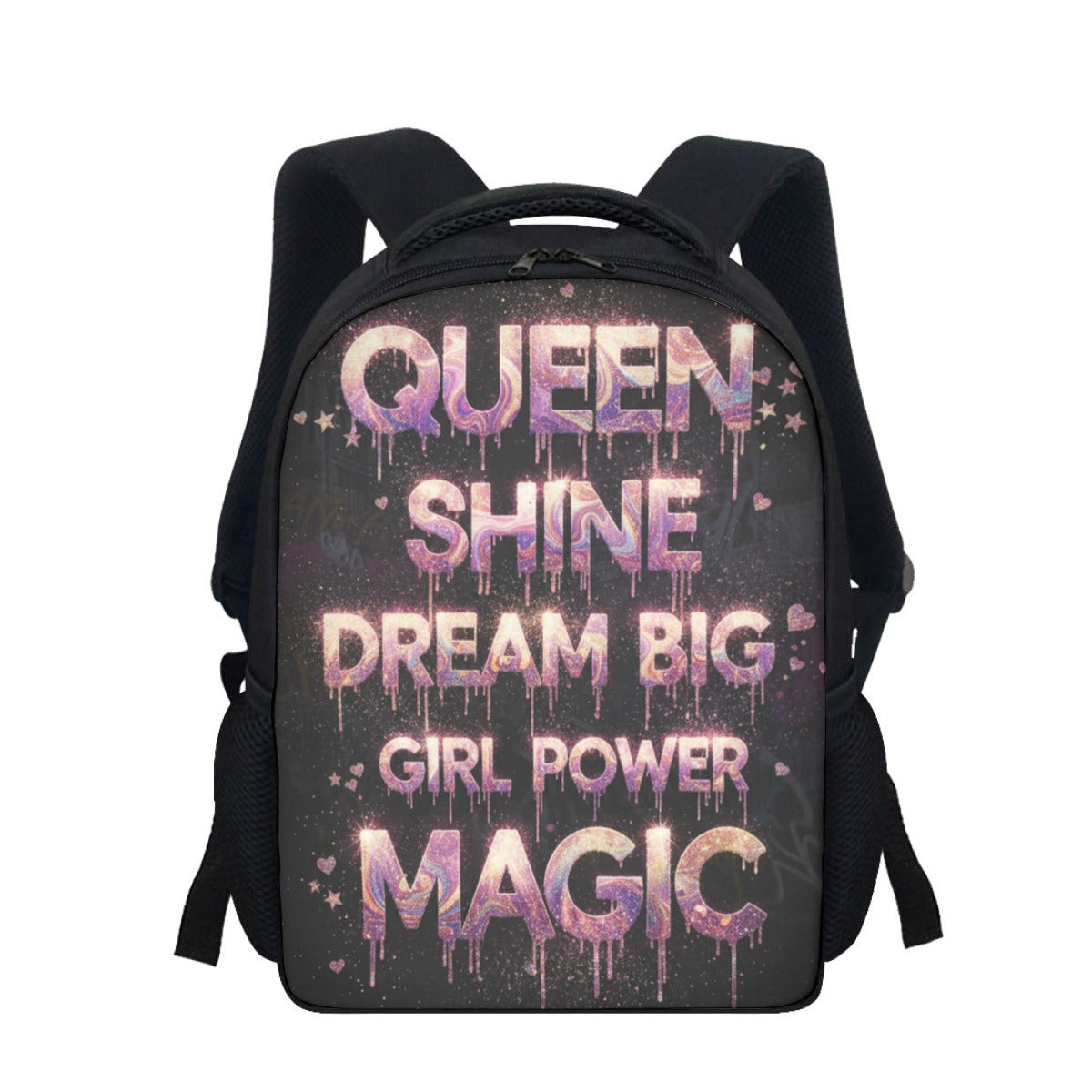 Öğrenci sırt çantası, siyah; önünde renkli “QUEEN SHINE … MAGIC” yazısı