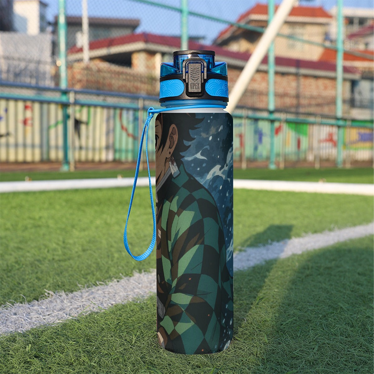 Borraccia sportiva 32 oz blu con cappuccio blu e stampa geometrica, laccio
