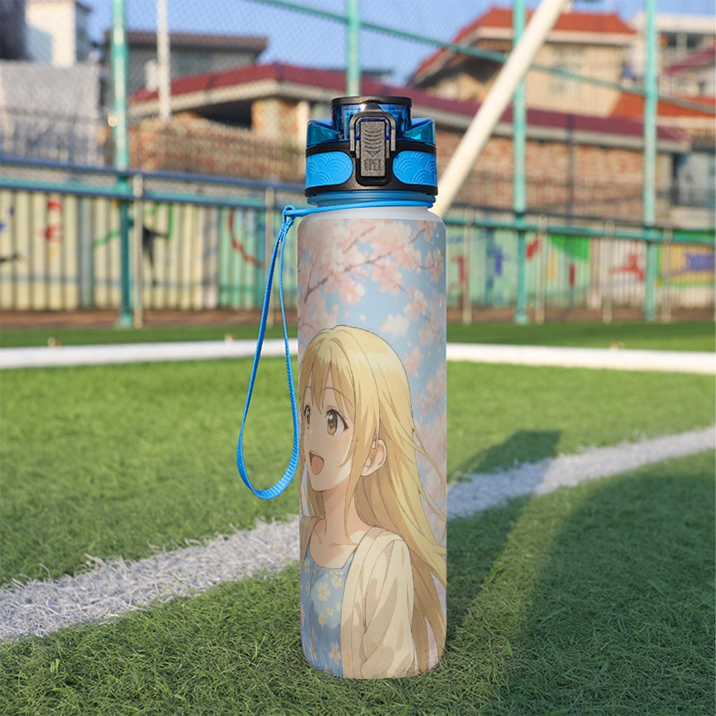 Borraccia sportiva 32 oz trasparente, tappo blu, stampa anime sul lato