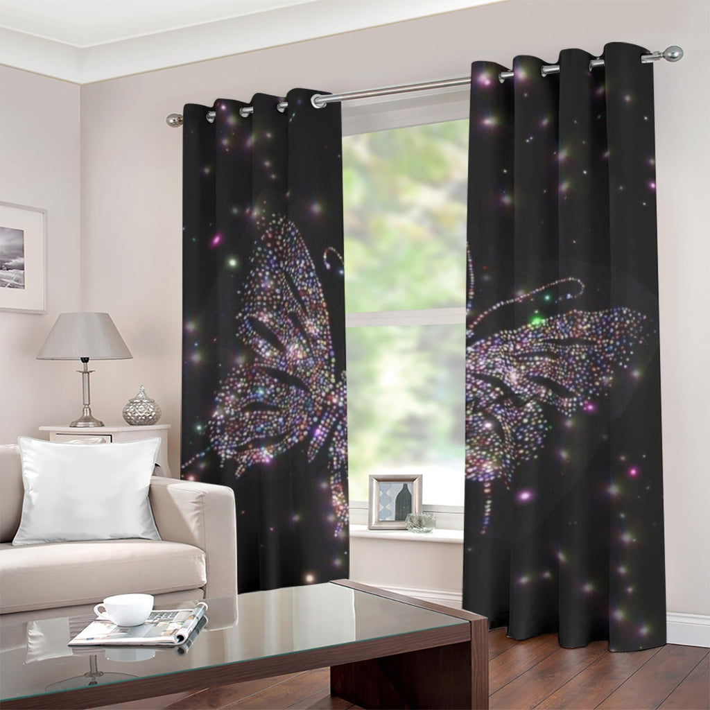 Tenda con occhielli nera con farfalla glitterata multicolore
