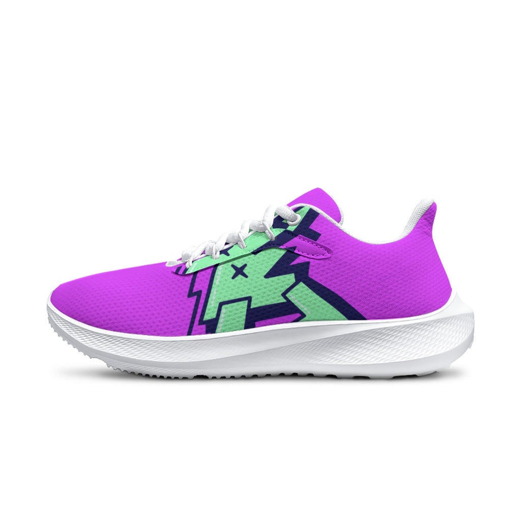 Scarpa da corsa da donna viola con grafica verde/nera e suola bianca, lacci bianchi