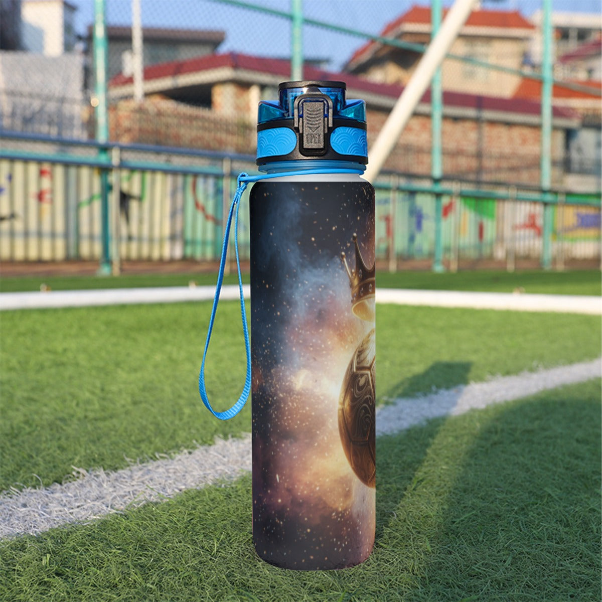 32 oz spor su şişesi; mavi kapaklı, uzay ve futbol illüstrasyonlu, askılı