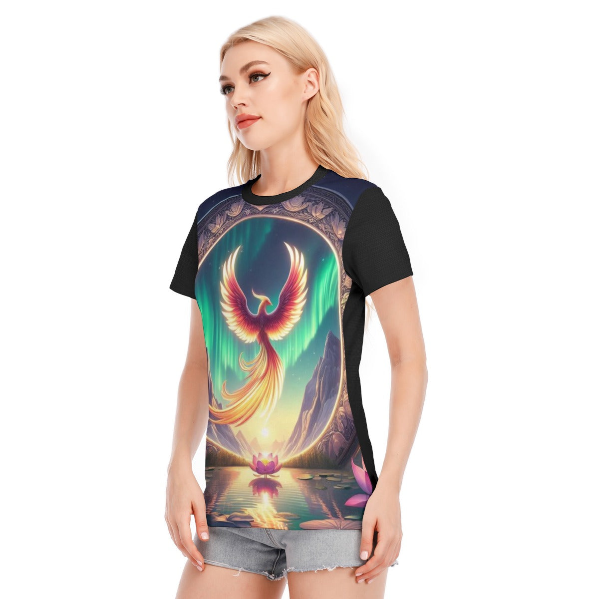 T-shirt donna nera con stampa fenice multicolore sul davanti e girocollo