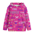 Felpa da bambina rosa fucsia con cappuccio e grafica pixel multicolore