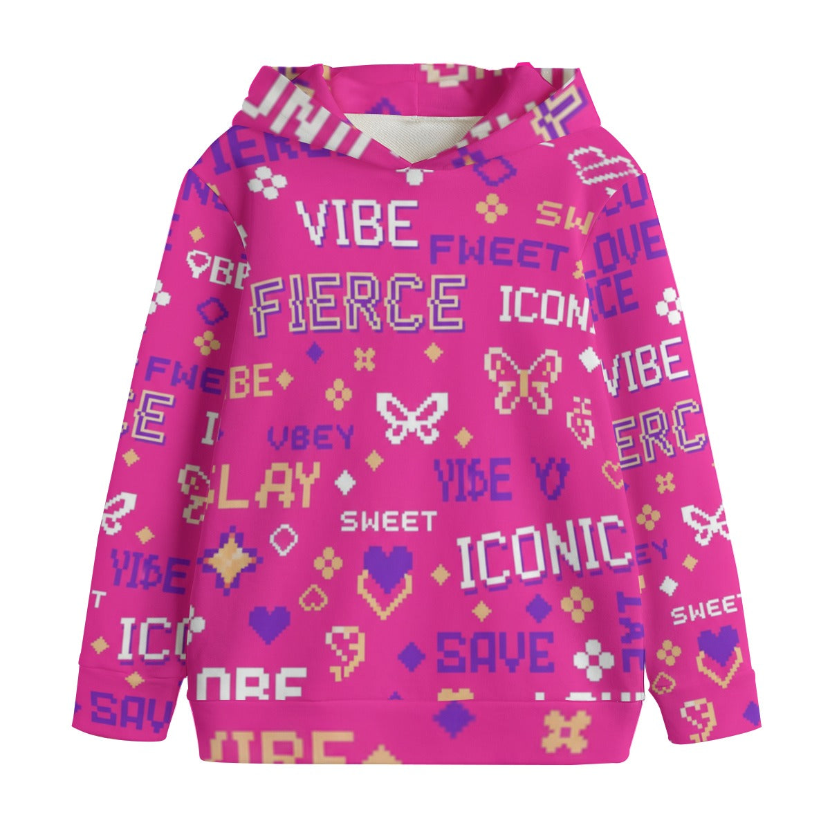 Felpa da bambina rosa fucsia con cappuccio e grafica pixel multicolore
