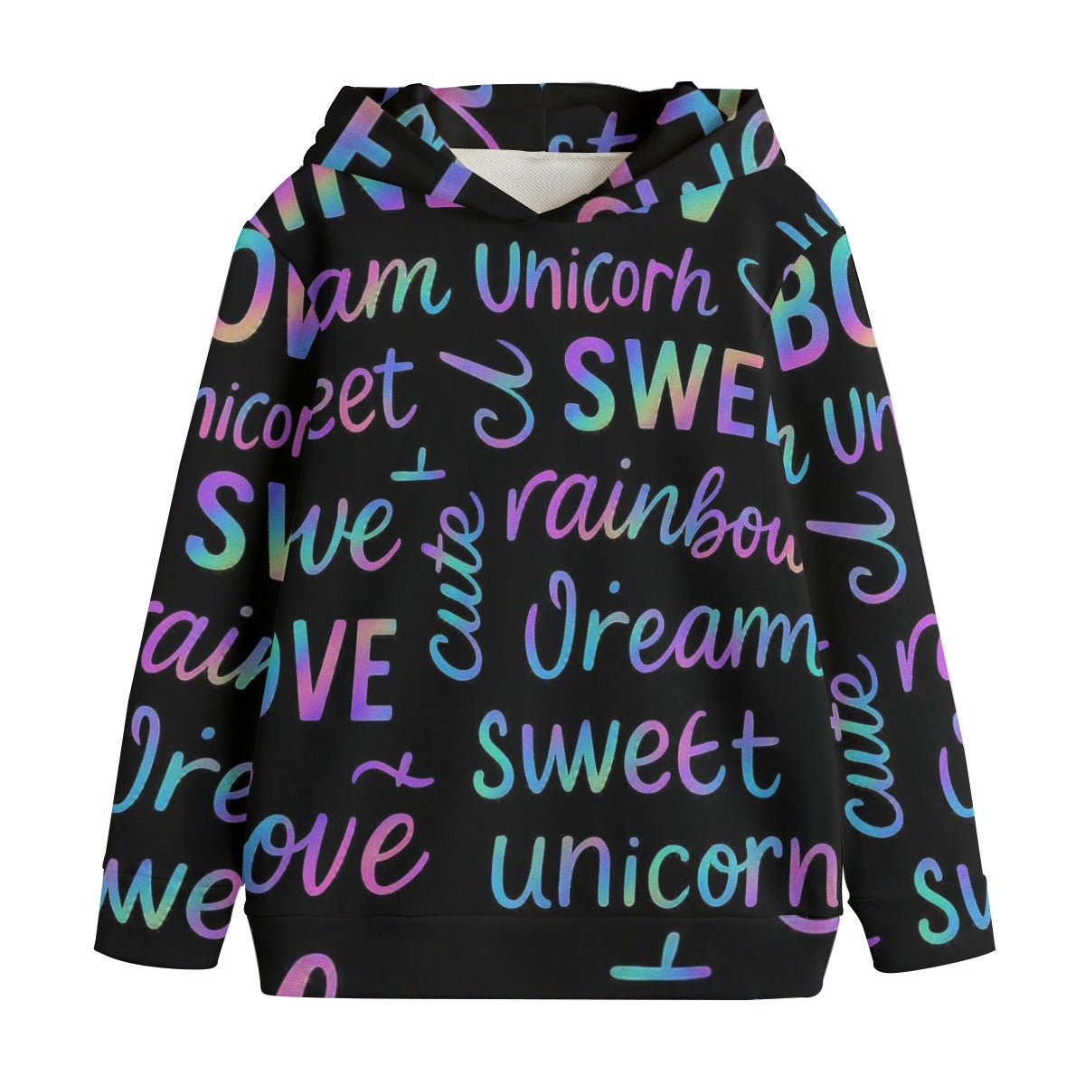 Felpa con cappuccio bimbi nera, motivo unicorn e scritte rainbow in colore