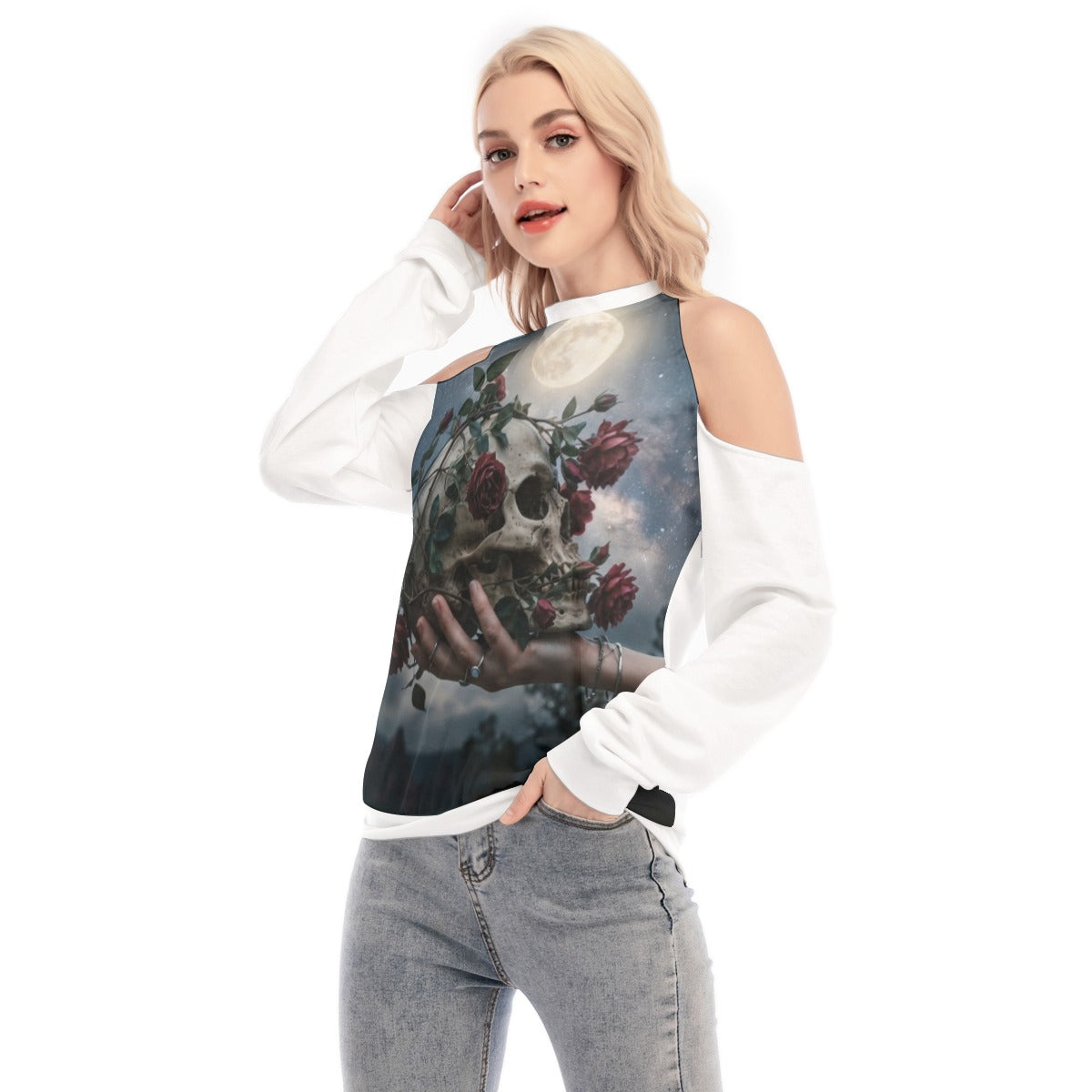 Felpa donna senza spalline con stampa teschio su fondo blu, maniche lunghe
