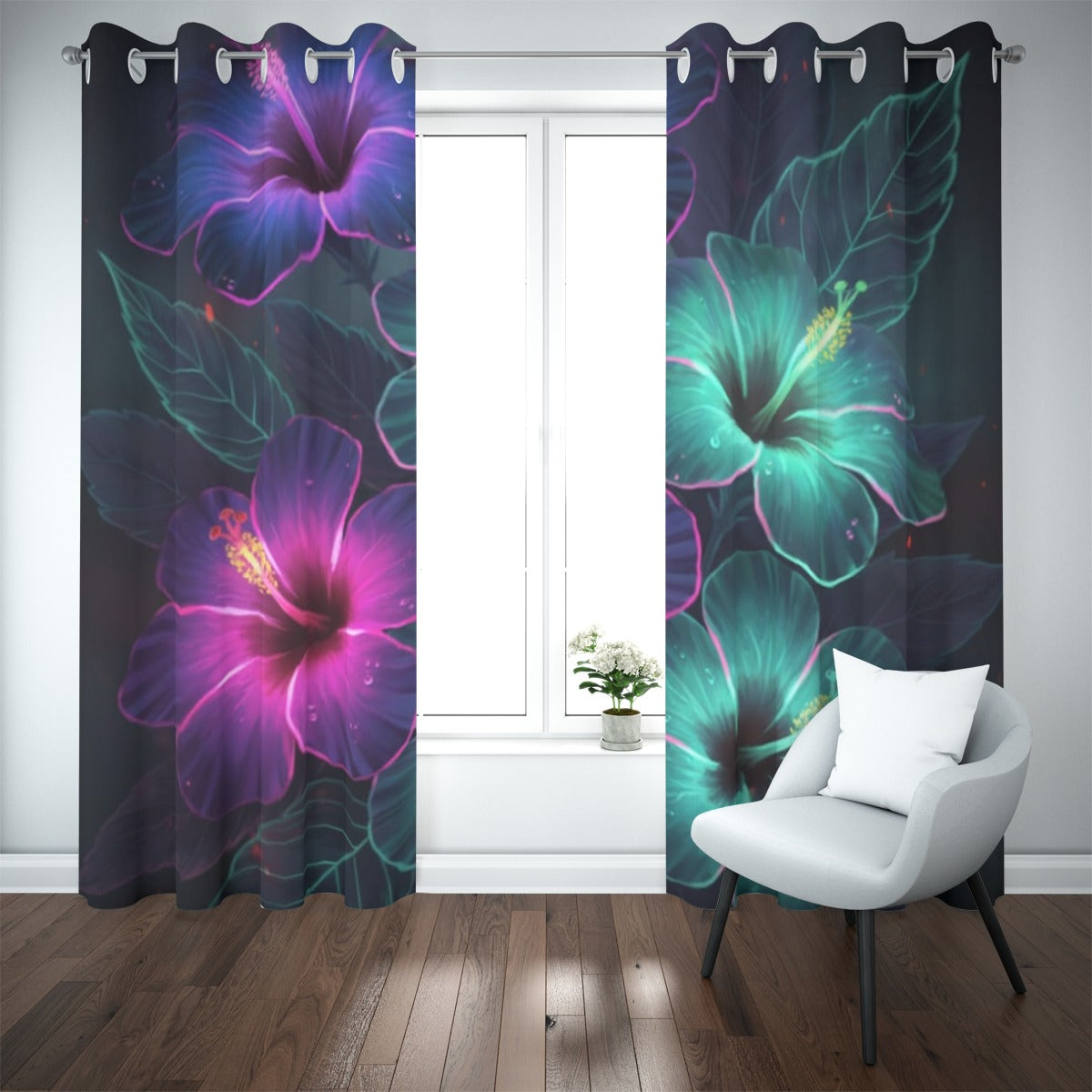 Tenda oscurante con occhielli, due pannelli scuri con fiori viola e azzurro-verdi