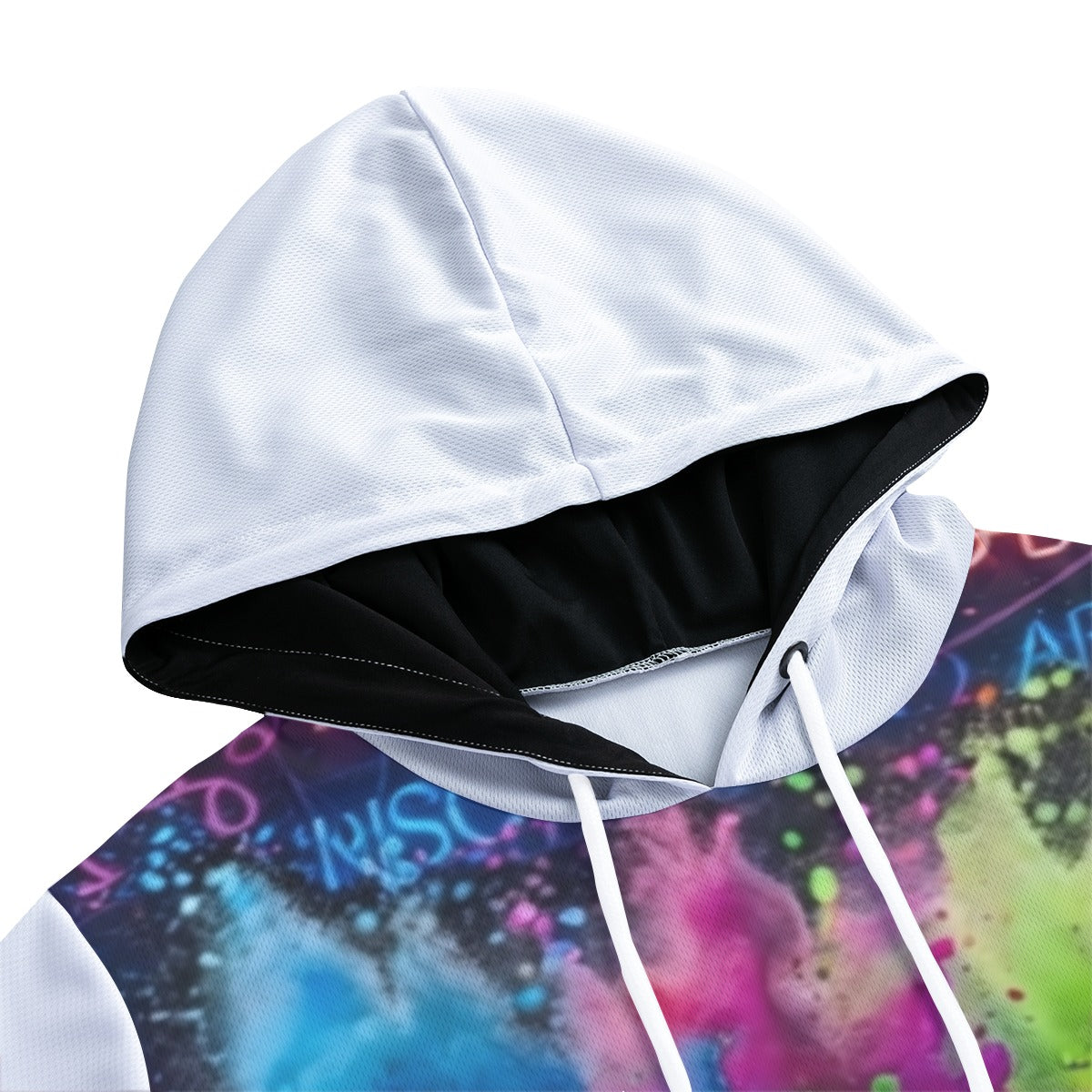 Felpa con cappuccio bianco, fodera nera e lacci, parte frontale colorata