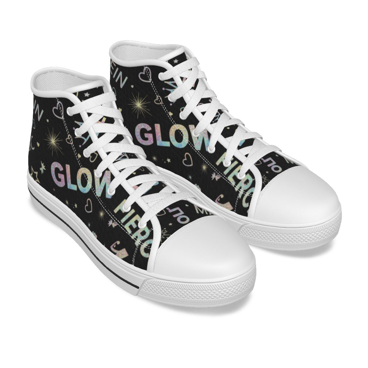 Scarpe da bambina alte in canvas nero con lacci bianchi e stampa “GLOW” colorata.
